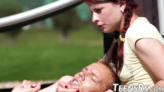 Tiny teens play with naked man at pool then take him